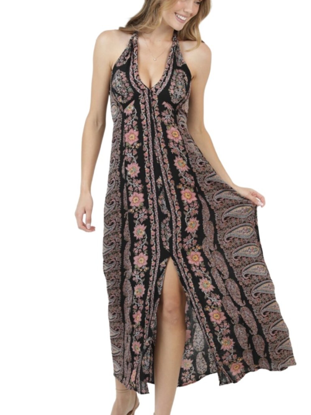 Angie Rayon paisley halter maxi dress large
